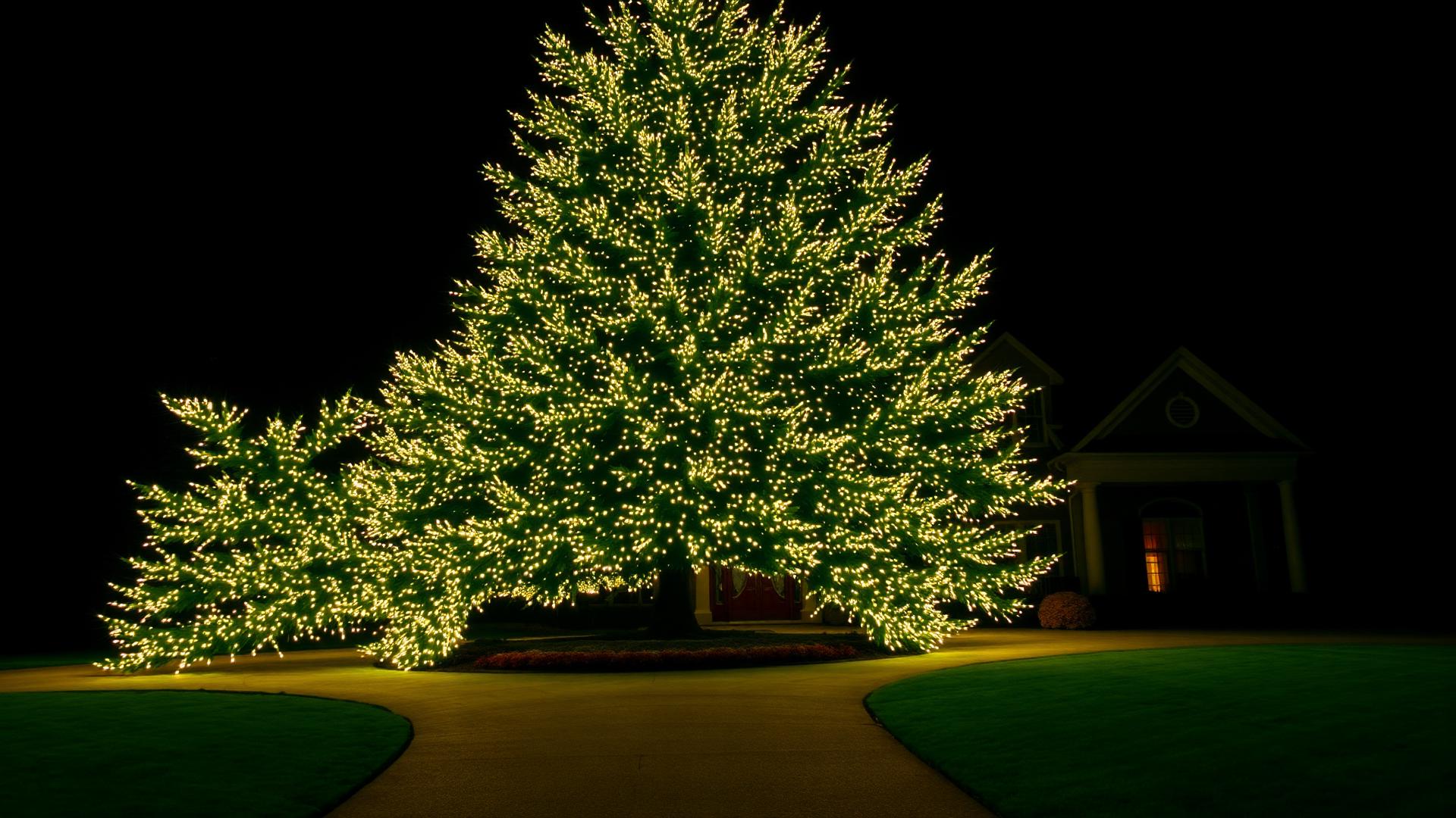 Massive Christmas tree wrapped in warm white lights